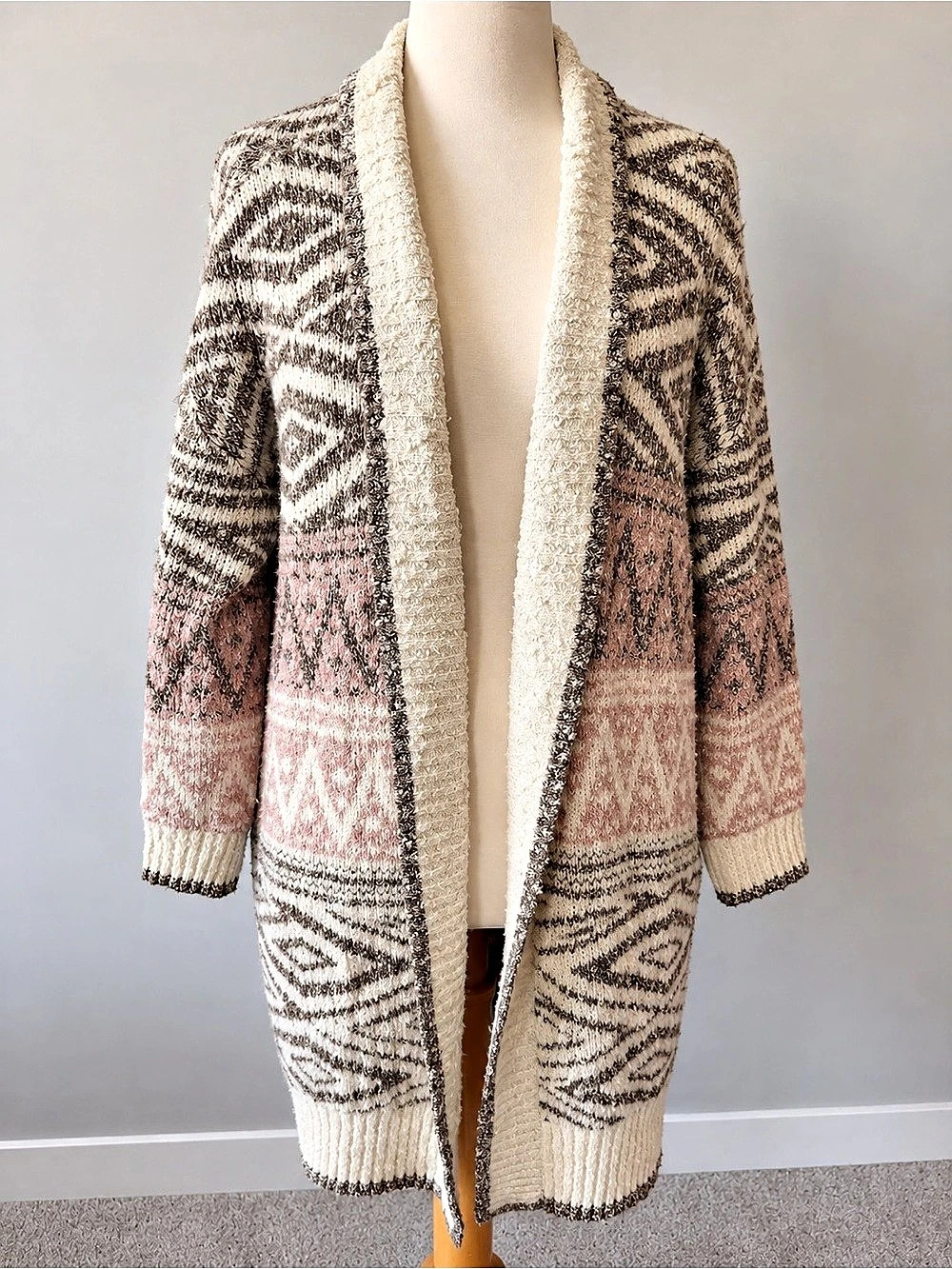 Joie Geometric Open Front Cardigan in Cream & Pink Size Medium